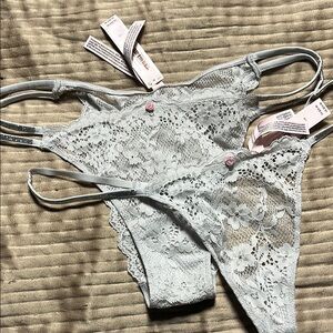 Nwt Victoria’s Secret shine lace Brazilian and Thong Set - Light Gray crystal L
